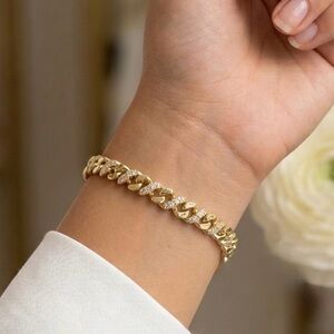 14K Gold Plated Cuban Link Bracelet with Zircon Stones | Waterproof Jewelry